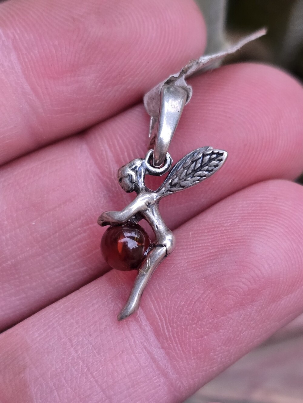 Vintage Sterling Silver Faerie Amber Gemstone Crystal Pendant Whimsical Jewelry